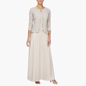Alex Evenings Embroidered Lace Mock Two-Piece Gown with Jacket (Taupe, 10)